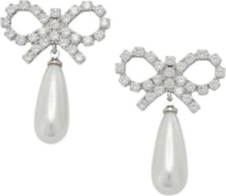 Self Portrait Oorhangers met Kristallen Strik en Pareldruppel - Dames - Oorbellen - Wit - ONE Size - Accessoires