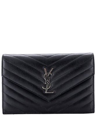 Saint Laurent Black Matelasse Chevron Leather Classic Monogram Wallet On Chain Small (Authentic Pre-Loved)
