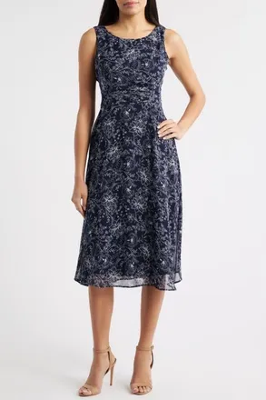 Connected Pleat Waist Yoryu Sleeveless Midi Dress in Navy at Nordstrom, Size 10