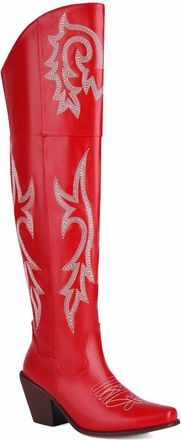Generic Womens Square Toe Thigh High Boots Chunky High Heel Cowgirl Boots PU Leather Embroidered Western Cowboy Boot with Side Zipper,Red,6.5 UK