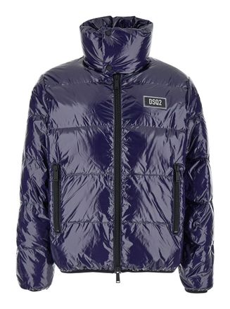 Dsquared2 Blue Down Jacket With Logo Patch On The Front In Tech Fabric Man