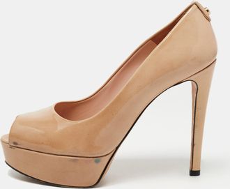 Stuart Weitzman Beige Patent Leather Platform Peep Toe Pumps