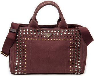 Prada Pre-owned Womens Medium Rhinestone Canapa Tote Shoulder Bag - Burgundy - One Size