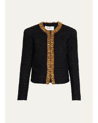 Balmain Beaded Metallic Tweed Collarless Jacket