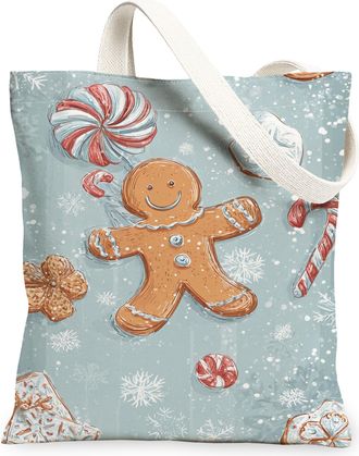 Generic Gingerbread Canvas Tote Bags, Festive Biscuits Pattern Reusable Shopping Bags, Cute Holiday Lightweight Washable Shoulder S, Blue, 13x15 Inch