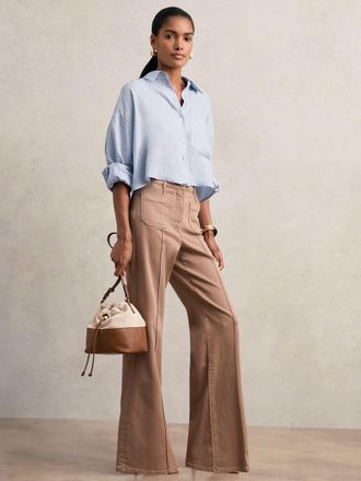Reiss Blue Linen Oversize Cropped Shirt, 8