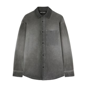 Palm Angels Light Jackets, male, Black, Size: S Black Washed Logo Embroidered Shirt