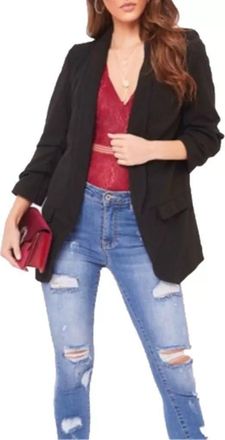 Generic Womens Ruched Sleeve Fully Lined Blazer, Ladies &frac34; Sleeves Casual Plain Italian Open Front Jacket Top Collared Formal Office Work Coat with Front Pocke