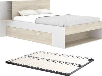 Vente-Unique Cama 140 x 190 cm con almacenamiento - Color : Natural y blanco + Somier - KEROSIA