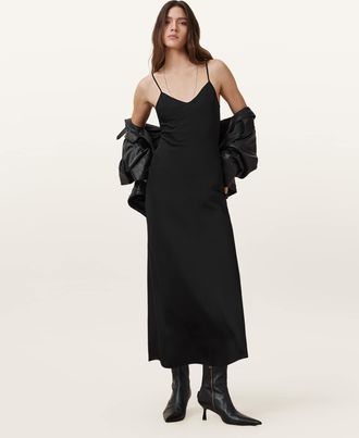 AllSaints Womens Polyester Bryony V-Neck Midi Slip Dress, Size: UK 16/US 12