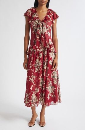 Cinq &agrave; Sept Sevi Hand-Sketched Floral Midi Dress in Berrywine/gardenia at Nordstrom, Size 10