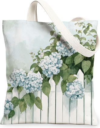 Generic Spring Hydrangea Fence Flower Canvas Tote Bag for Shopping 13x15, Farmhouse Cute Floral Reusable Grocery Print Bag for Women Men, Fun Country Aestheti