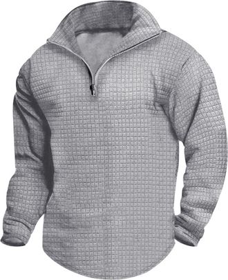 Generic Men Quarter Zip Pullover Tops 1/4 Zipper Waffle Sweaters Solid Color Mock Neck Sweatshirts Casual Long Sleeve Shirts Su&eacute;ter Deportivo para Hombre(Grey