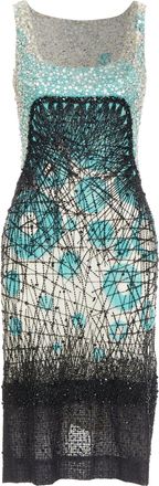 Carolina Herrera teal green cream black silk fully beaded crystal dress US2 S