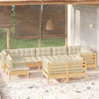 vidaXL Muebles De Jard&iacute;n 9 Pzas Y Cojines Madera Maciza De Pino Crema Vidaxl