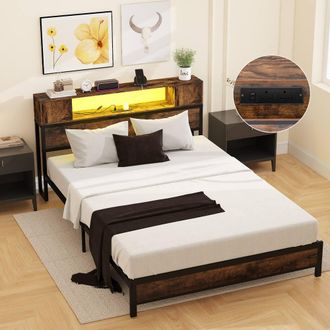 Costway Costway Double Size Bed Frame Metal Platform Bed w/LED Lights&Charging Station in Brown