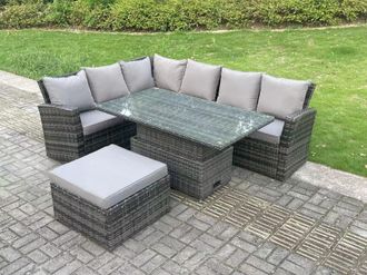 Fimous 7 Seater Rattan High Back Adjustable Rising Lifting Dining Table Corner Sofa Set Garden Furniture Left Hand in Dark Grey