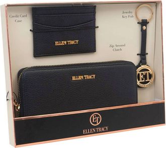 Ellen Tracy Womens 3 Piece Wallet, Id Card Case, & Key Fob Boxed Gift Set In Black