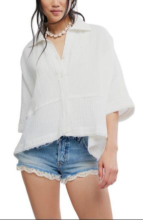 Free People Happy Days Oversized Cotton Gauze Button-Up Top in Clean Ivory at Nordstrom, Size X-Large