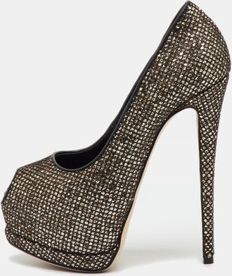 Giuseppe Zanotti Gold/black Glitter And Mesh Sharon Platform Peep Toe Pumps