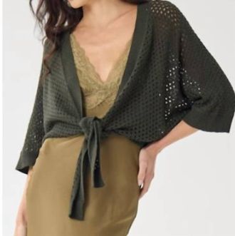 Autumn Cashmere Mesh Dolman Tie Front Cardigan In Kelp