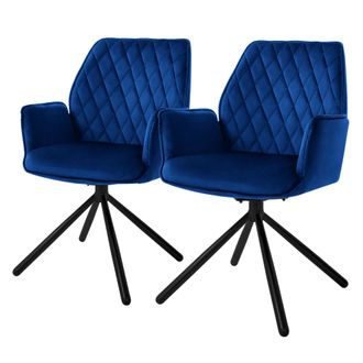 ML Design Ml-design - Set 2x Sillas De Comedor Con Respaldo Y Reposabrazos Asiento Azul Oscuro Tapizado Con Funda De Terciopelo Patas De Metal Sill&oacute;n Giratorio 