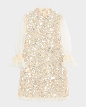 Valentino Garavani Floral Sequined Sheer Lace-Sleeve Mini Dress