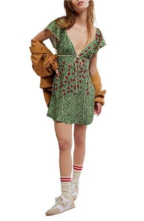 Free People Backroads Floral Flutter Sleeve Mini Sundress in Forest Combo at Nordstrom, Size X-Large