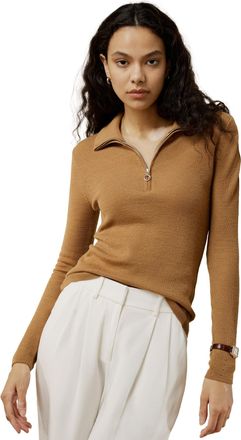 LilySilk Womens Sweater Merino Wool Trendy Pullover Sweatshirt with Zippered Lapel Collar Summer Winter(Camel,L)