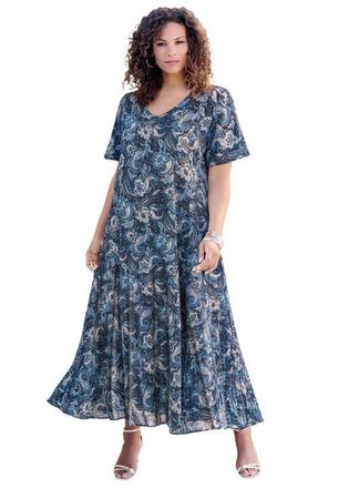 Roaman's Plus Size Hand Crinkled Flutter-Sleeve Maxi Dress in Navy Paisley Floral Print at Nordstrom, Size 16P