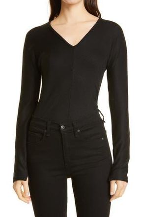 Rag & Bone The Bias Rib Knit Long Sleeve V-Neck Top in Black at Nordstrom Rack, Size X-Large