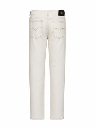 Versace Tapered Stretch Cotton Denim Jeans - Beige
