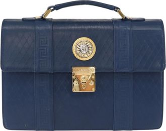 Versace Vintage Handbag Leather Blue Leather Handbag (Pre-Owned)