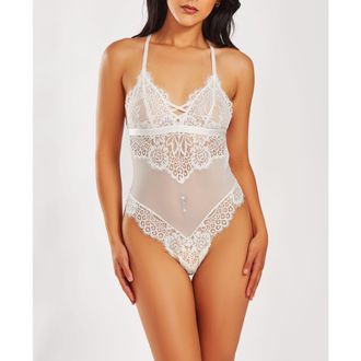 iCollection Lash Lace Sheer Mesh Halter Bodysuit in White at Nordstrom, Size X-Large