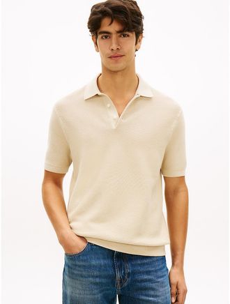 Tommy Hilfiger Mens Short-Sleeve Waffled Sweater Polo - Beige - XXL
