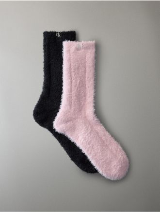 Calvin Klein Womens Fluffy 2-Pack Crew Socks - Black