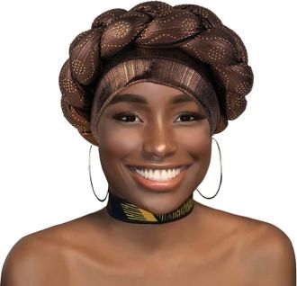 Feoya African Turban Headwear for Women Pre-Tied Twisted Crystals Braid Head Wrap Hat Beanie Turban Cap Coffee
