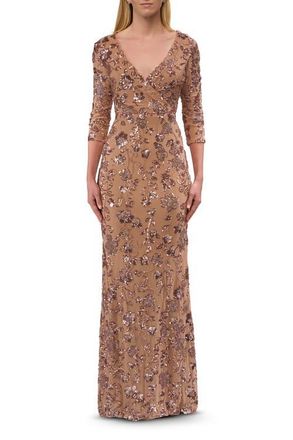 La Femme Beaded Fitted Gown with a Stretch Fabric and V Neckline in Cocoa at Nordstrom, Size 10