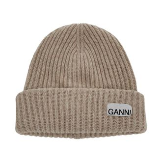 Ganni Beanies, female, Beige, Size: ONE SIZE Rib-Knit Logo Patch Beanie Hat