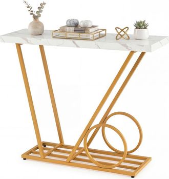 Costway 100CM Faux Marble Console Table with Geometric Gold Metal Frame White