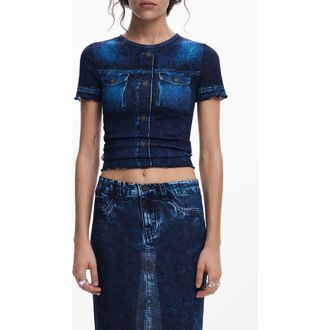 Desigual Denim Print Crop T-Shirt in Dark Blue at Nordstrom Rack, Size X-Large