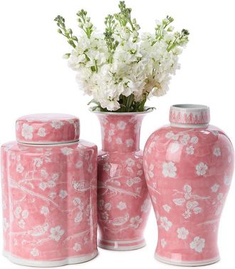 Two's Company Set of 3 Hand-Painted Chinoiserie Vases