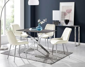 Furniturebox Leonardo Grey Glass Marble Effect Silver Leg Table & 4 Pesaro Silver Chairs in Cream