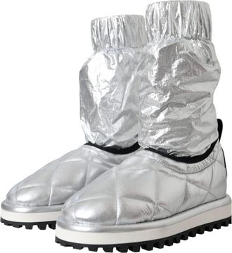 Dolce & Gabbana Womens Metallic Silver Quilted Logo Patch Boot Shoes Nylon Viscose