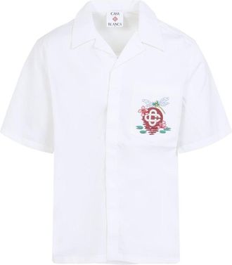 Casablanca White Dragonfly Floral Cotton Cuban Collar Shirt