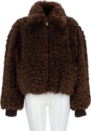 Msgm Brown Cropped Plush Ribbed Cuff Faux Fur Bomber Jacket