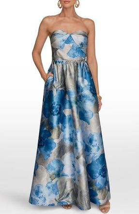 DKNY Floral Print Strapless Satin Gown in Washed Indigo Multi at Nordstrom, Size 12