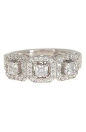 Suzy Levian Sterling Silver Asscher Cut Cubic Zirconia Halo 3-Stone Ring in White at Nordstrom Rack, Size 5.5
