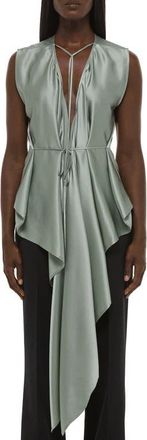 Helmut Lang Scarf Drape Detail Reversible Silk Top in Aqua Gray at Nordstrom, Size Medium
