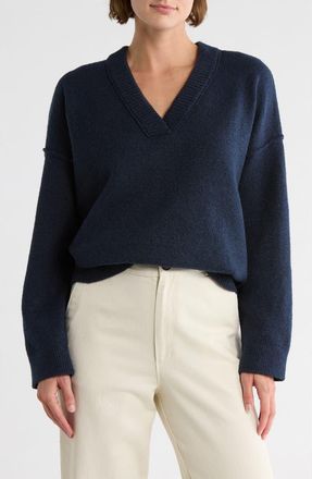 Melrose and Market Rib Trim V-Neck Sweater in Navy Blazer at Nordstrom Rack, Size X-Small